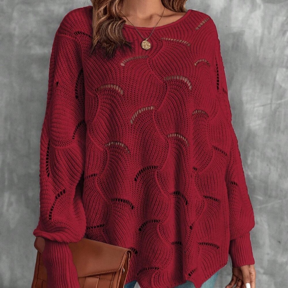 Burgundy Casual Women's Round Neck Drop Shoulder loose knit Sweater